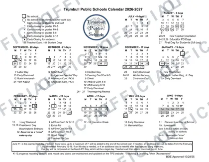 Trumbull Public Schools 2026-27 calendar