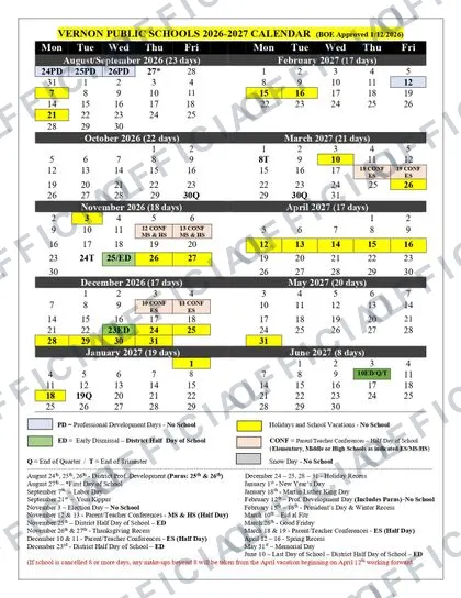 VERNON PUBLIC SCHOOLS 2026-27 calendar