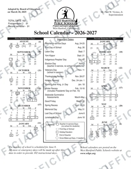 West Hartford Public Schools 2026-27 calendar