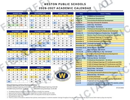 Weston Public Schools 2026-27 calendar