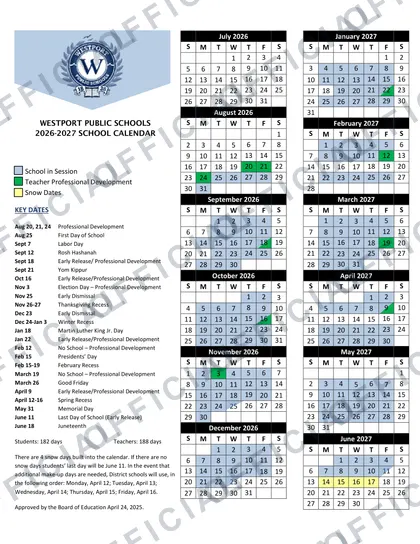 Westport Public Schools 2026-27 calendar