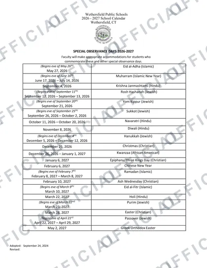 Wethersfield Public Schools 2026-27 calendar