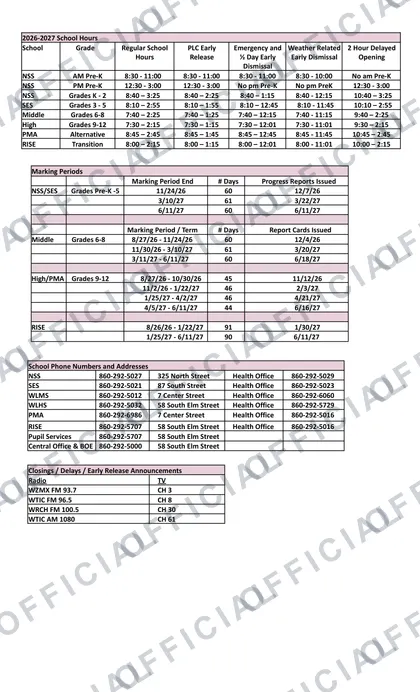 Windsor Locks Public Schools 2026-27 calendar