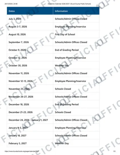 Duval County Public Schools 2026-27 calendar