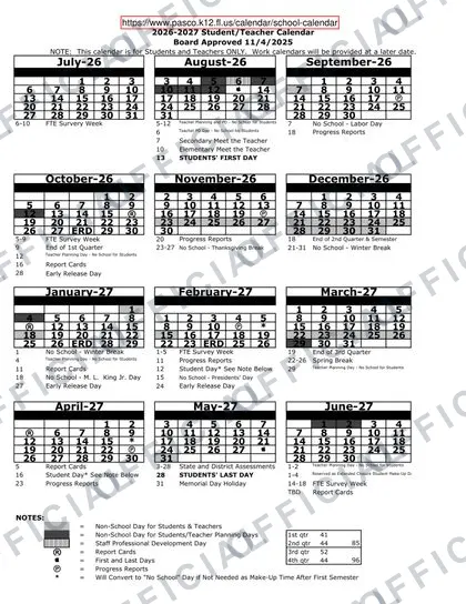 Pasco County fl School District 2026-27 calendar