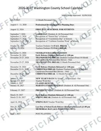 Washington County School 2026-27 calendar