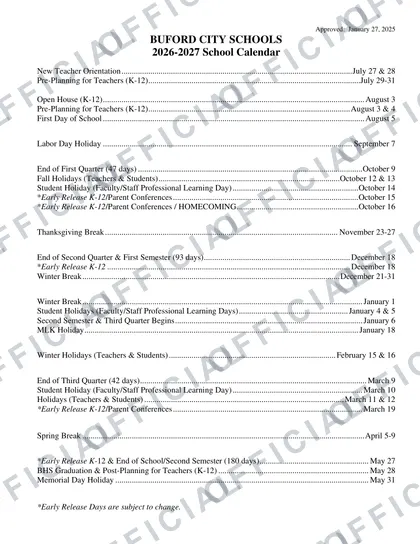 Buford City Schools 2026-27 calendar
