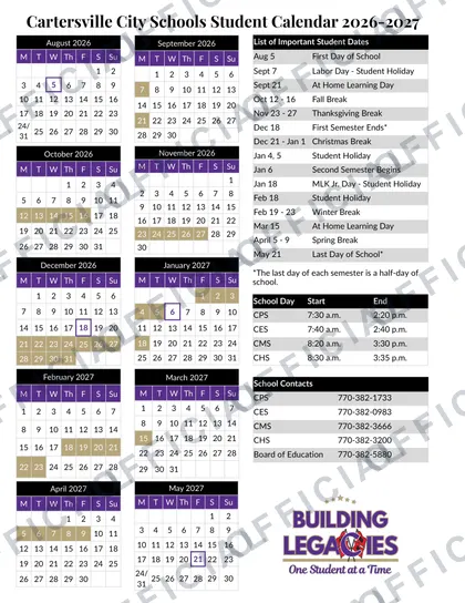 Cartersville City Schools 2026-27 calendar