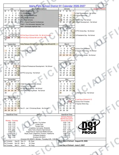 Idaho Falls School District 91 2026-27 calendar