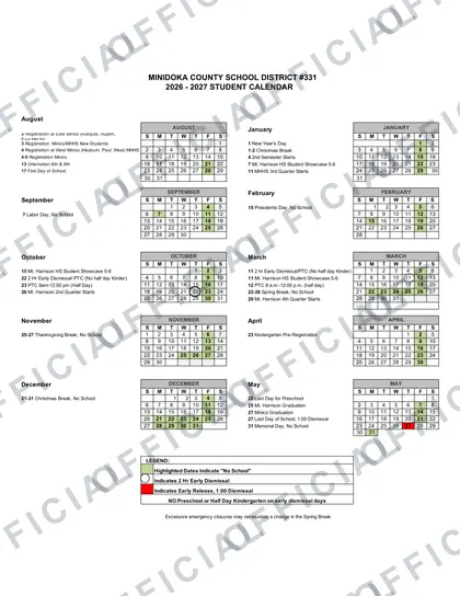 MINIDOKA COUNTY SCHOOL DISTRICT #331 2026-27 calendar