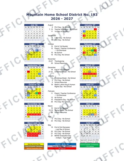 Mountain Home School District No. 193 2026-27 calendar
