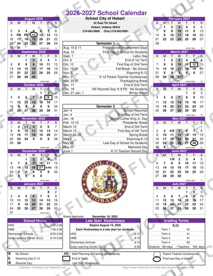 School City of Hobart 2026-27 calendar