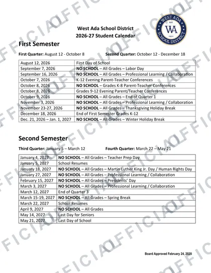 West Ada School District 2026-27 calendar