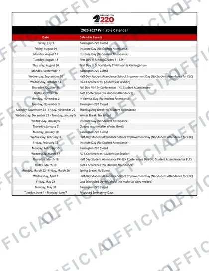 Barrington 220 CUSD 2026-27 calendar