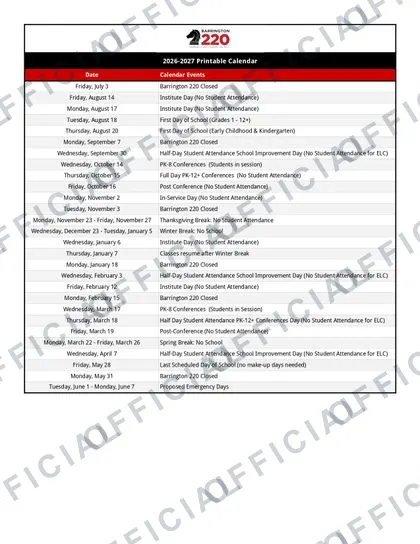 Barrington 220 School 2026-27 calendar