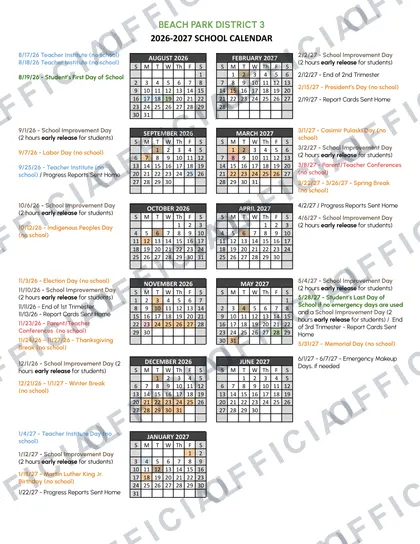 Beach Park District 3 2026-27 calendar