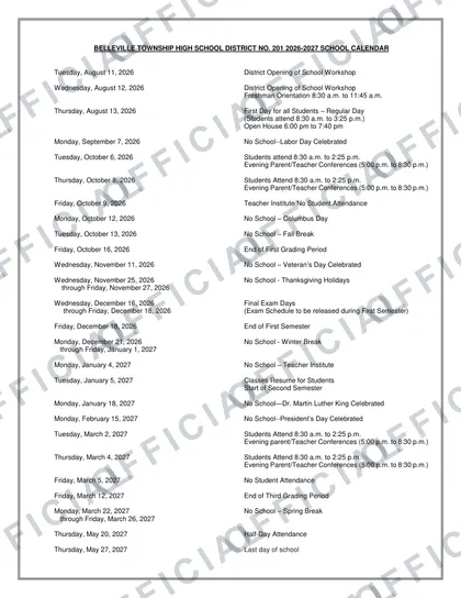 Belleville Township High School District No. 201 2026-27 calendar