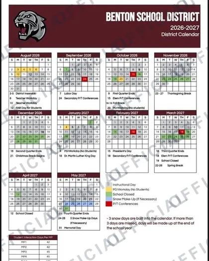 Benton School District 2026-27 calendar