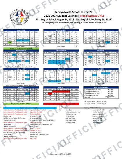 Berwyn North School District 98 2026-27 calendar