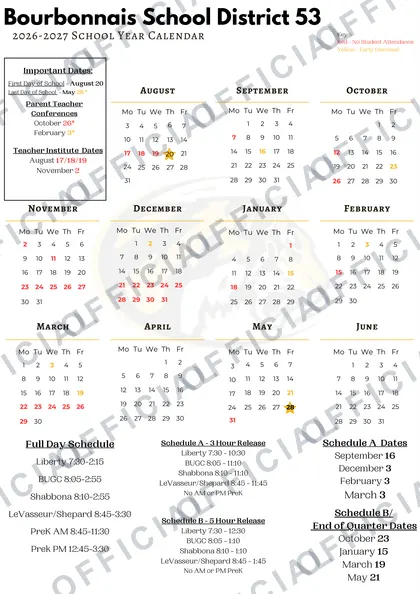 Bourbonnais School District 53 2026-27 calendar