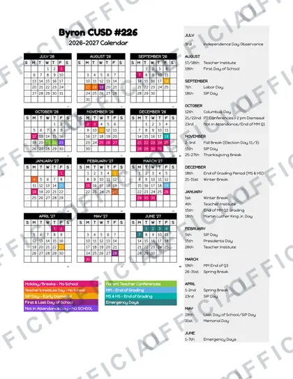 Byron CUSD #226 2026-27 calendar