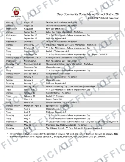 Cary Community Consolidated School District 2026-27 calendar
