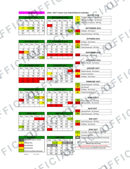 Center Cass School District 2026-27 calendar