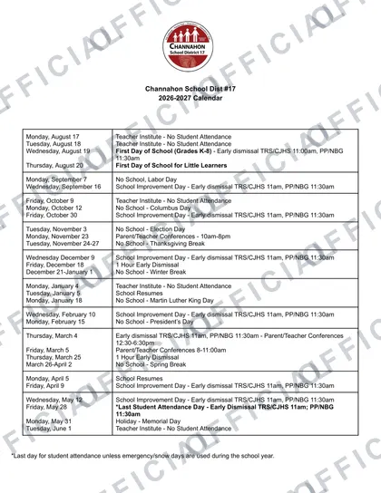 Channahon School Dist #17 2026-27 calendar