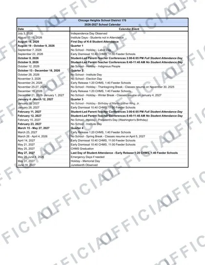 Chicago Heights School District 170 2026-27 calendar