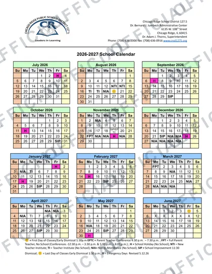 Chicago Ridge School District 127.5 2026-27 calendar