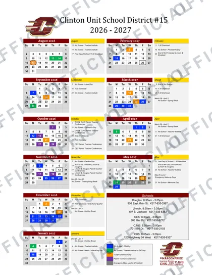 Clinton Unit School District #15 2026-27 calendar