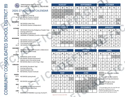 Community Consolidated School District 89 2026-27 calendar