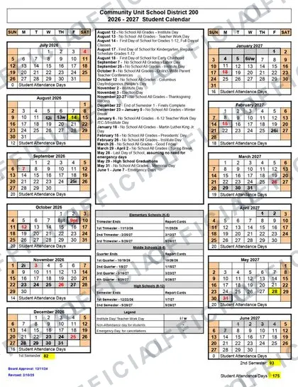 Community Unit School District CUSD 200 2026-27 calendar