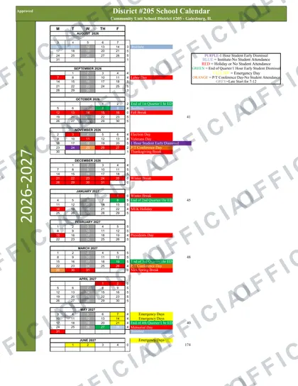 Community Unit School Galesburg CUSD 205 2026-27 calendar