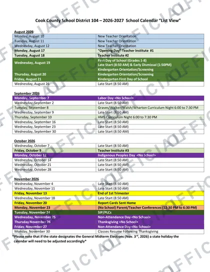 Cook County School District 104 2026-27 calendar