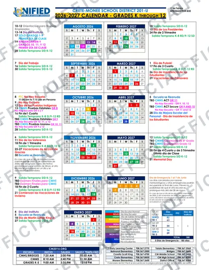 Crete-Monee School District CM201-U 2026-27 calendar