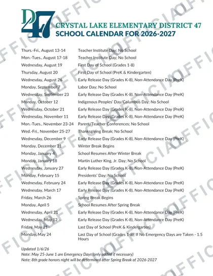 Crystal Lake Elementary District 47 2026-27 calendar