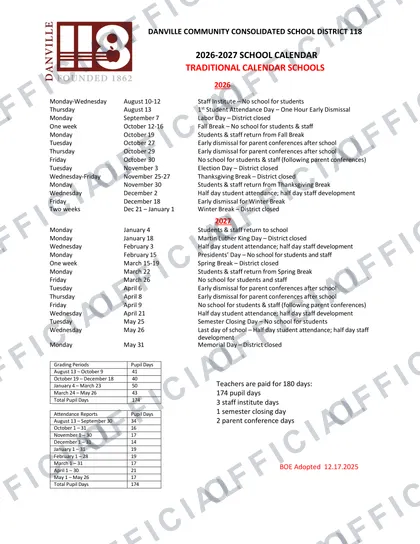 Danville Community Consolidated School District 118 2026-27 calendar
