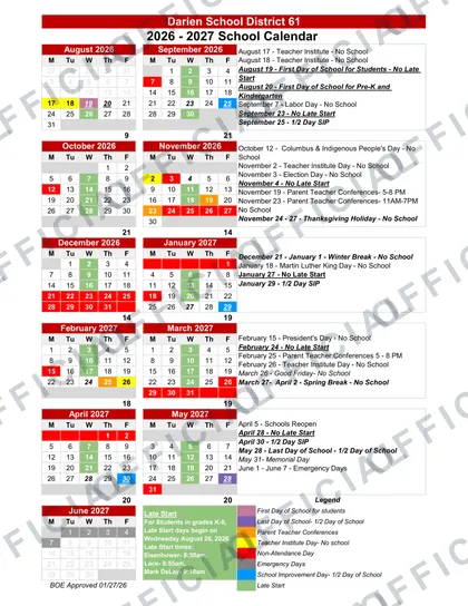 Darien School District 61 2026-27 calendar