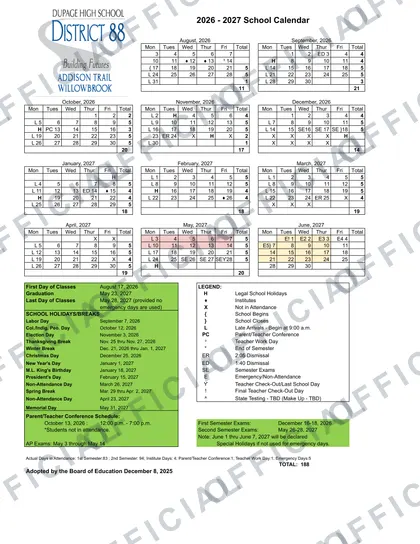 DuPage High School District 88 2026-27 calendar
