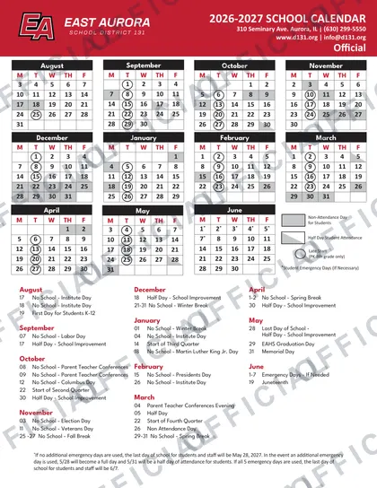 East Aurora School District 131 2026-27 calendar