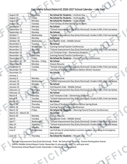 East Maine School District 63 2026-27 calendar