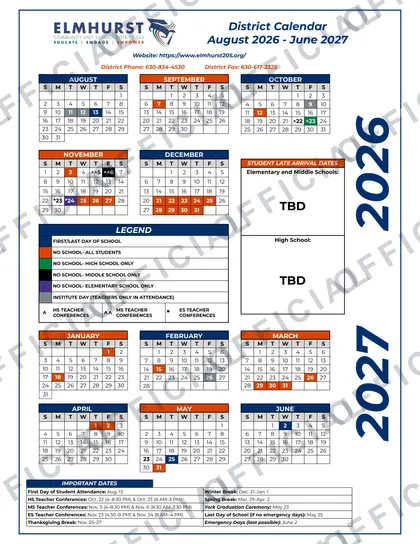 Elmhurst CUSD 205 2026-27 calendar