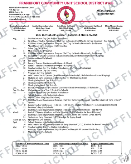 Frankfort Community Unit School District #168 2026-27 calendar