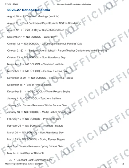 Glenbard District 87 2026-27 calendar