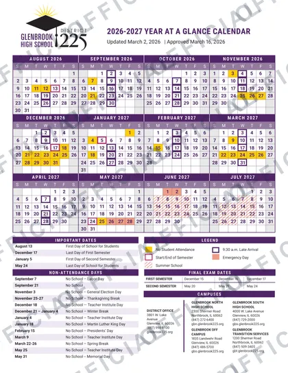 Glenbrook High School District 225 2026-27 calendar