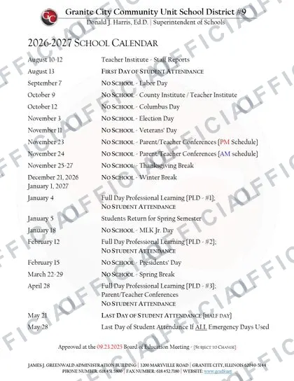 Granite City Community GCSD #9 2026-27 calendar