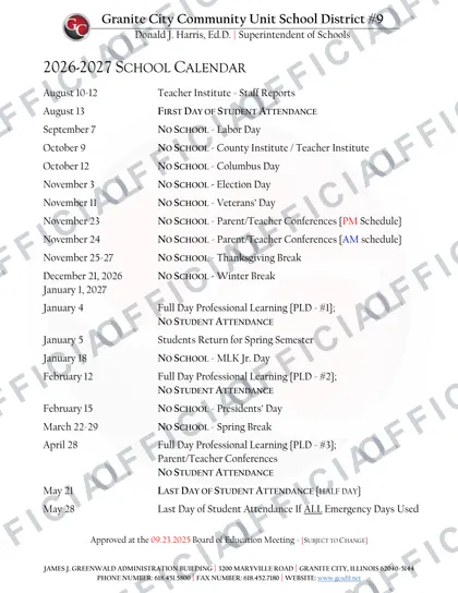 Granite City cusd #9 2026-27 calendar