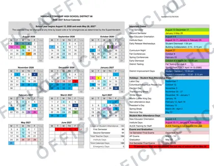 Hinsdale Township High School District 86 2026-27 calendar