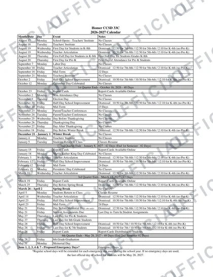 Homer CCSD 33C 2026-27 calendar